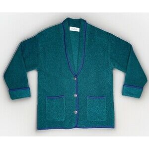 Vtg BellePointe Boiled Wool Cardigan Jacket XL Green Gold Buttons Navy Trim Prep
